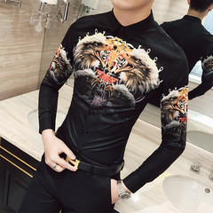 2017 autumn British thin men's personality printed long sleeved shirt, pattern hair stylist, Korean version of self-cultivation shirt 3XL 1708- black