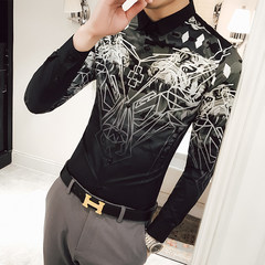 2017 autumn British thin men's personality printed long sleeved shirt, pattern hair stylist, Korean version of self-cultivation shirt 3XL 1707- black