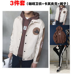 2017 young boys jacket coat in autumn in spring and autumn students relaxed all-match trend Korea handsome thin clothes 3XL The cat Khaki jacket + pants sweater + coffee