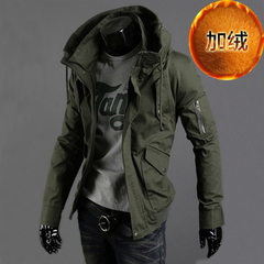 Uniform jacket, young men's Korean version of self-cultivation, green casual clothes, autumn and winter thin tooling, plus thick fleece coat XXXL (135-150 Jin) Army green (with cashmere thickening)
