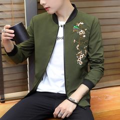Men's coats fall 2017 new mens jacket s casual fashion gown embroidered thin coat 3XL Green bird
