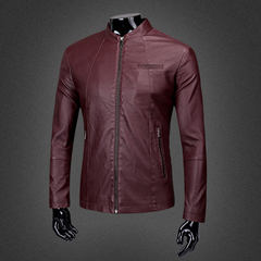 Top coat, leather jacket, men's jacket, 2017 new Haining plush, hot spring clothes, spring and winter motorcycle suits M-[size is smaller! ] 603- red wine - send care oil + Wallet]