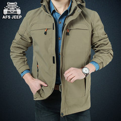 AFS JEEP autumn jacket, men's casual Multi Pocket frock, long jacket, spring and autumn jacket, charge suit 3XL Khaki