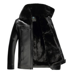 Autumn and winter leather, middle-aged men turn hair collar leather jacket, cashmere thickening, middle-aged Leather Men's clothing, father big yards 52 yards / L 100-120 Jin A002 black black liner