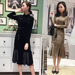 Velvet dress skirt winter, Hong Kong flavor in the long sleeved Vintage slim pleated skirt female backing F black