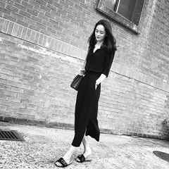 Hepburn dress 2017 autumn new dress Korean black split skirt waist slim dress female temperament S black