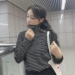 Autumn and winter. All-match black and white striped turtleneck Long Sleeve Shirt Blouse schoolgirl thin Harajuku shirt F black