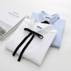 Every day special price, spring and autumn new style bow tie tie, pure color white shirt, female long sleeve school wind pure cotton loose shirt XS blue