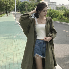 The new museum all-match port sister trendsetter shirt long coat temperament single breasted collar dustcoat fashionista F Army green