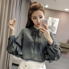 Autumn women's new Korean version, sweet striped lotus leaf long sleeve shirt, loose fashion Bow Tie Shirt Blouse S Blackish green