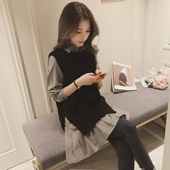 Autumn and winter long sleeved knitted sweater, long stripe, velvet, clothes, shirts, vests, two sets S Black + grey shirt Fleece Vest