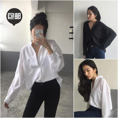 New chic big V collar white shirt, female long sleeve Han Fan loose Korean shirt, student chiffon blouse, summer Korea F white