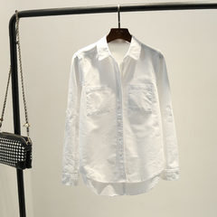 Shipping autumn new Korean fashion art leisure double white shirt pocket all-match shirt coat girl M white