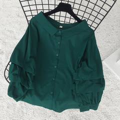 Autumn style new version chic wind POLO collar collar white shirt long sleeved blouse blouse blouse F green