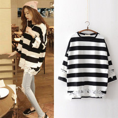 In the long sleeved T-shirt original Korean all-match lace shirt sweater loose striped clothes in autumn M Black stripes [send little gifts]