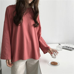 The fall of South Korea based solid loose sleeve shirt all-match thin neck long sleeved T-shirt blouse F Apricot
