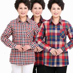 Cotton shirts for middle aged and elderly women are fitted with cotton plaid long sleeve shirts L (100-120 Jin) Size is too large, shot by the range