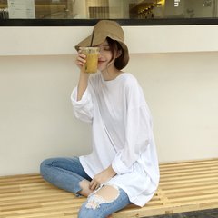 Autumn Korean women loose T-shirt long sleeved T-shirt blouse all-match thin solid long paragraph shirt F black