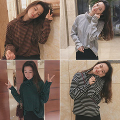 2017 spring new cotton long sleeved T-shirt girl students loose thin Korean all-match striped Turtleneck Shirt S black