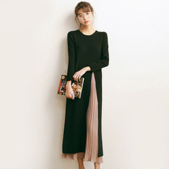 Han Guoqiu winter dress female false two piece sweater dress slit knitted dress art fan base skirt F The sleeves are 8-9 - Inch sleeves. Please refer to the model effect