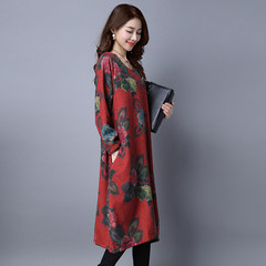 Woolen dress Qiu dongkuan folk style women's loose cotton long sleeved autumn code base skirt S Red (with velvet money)
