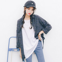 Small fresh Vintage Plaid Shirt sleeved autumn 2017 new female students all-match loose thin coat BF F blue