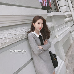 2017 autumn dress new style women's wear machine, thin thickening knitted dress autumn and winter long sleeve bottoming dress XS gray