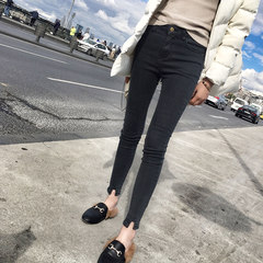 2017 spring and autumn winter new dark grey trousers vent slim jeans pants feet female thin chic S Dark grey