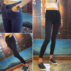 2017 Korean female waist slim slim jeans stretch jeans pencil pants pants black students Thirty blue