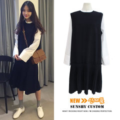 Autumn and winter Cute Japanese women's dresses, long sleeve Korean version, student college wind fake two sets of skirts S black
