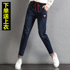 In the autumn of 2017 new Haren loose with velvet jeans female age Korean thin BF all-match students winter 26 yards (1 feet 9) Black plus plush + Long Sleeve T-Shirt
