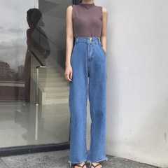 Hong Kong flavor early autumn chic retro do old washing high waisted jeans temperament breasted light colored wide leg straight S Wathet