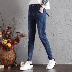 XL loose jeans, women's pants, fat MM Haren pants, autumn and winter new style plus Korean version of elastic 200 Jin 36 (175-180 Jin) Blue velvet
