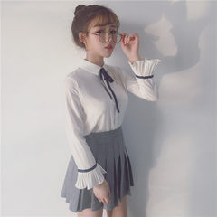 Autumn dress 2017 new Korean version, small fresh trumpet sleeve, collar collar, Long Sleeve Chiffon shirt, white shirt F White shirt