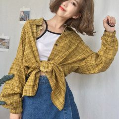Chic women's new Korean BF retro cardigan coat pocket plaid shirt jacket all-match split tide F yellow