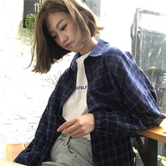 Chic women's new Korean BF retro cardigan coat pocket plaid shirt jacket all-match split tide F blue