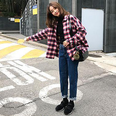 In the spring of 2017 the New South Korean small Lapel loose sleeved Plaid Shirt bottoming shirt all-match leisure female students F gules