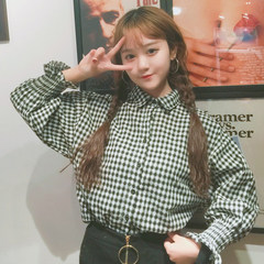 The autumn wind, Korean all-match loose Plaid horn long sleeved shirt blouse BF Harajuku female students wind F black