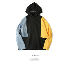 BJHG exclusive hip-hop OVERSIZE loose patchwork denim hoodie coat Metrosexual embroidery M Blue yellow