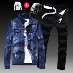 Autumn man's long sleeved jacket, denim pants, thin outer set, Korean version, leisure spring and autumn trend set jacket XXL jacket / pants 33 Broken hole blue + black trousers