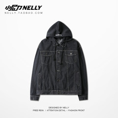 High street China has hip-hop denim jacket jacket, fake two clothes, retro hooded, washed jeans, men and women M black
