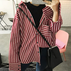 Autumn suits, women's BF, loose long sleeve striped shirts, fake two pieces of casual shirt shirt pocket for casual students F Jujube red