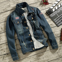 2017 spring and autumn new denim jacket mens jacket casual coat Metrosexual clothes on the Korean cultivating students 3XL Bluish green
