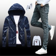 Men's 2017 autumn and winter teenagers' casual coats, denim jeans, a suit of men's clothes Jacket L+ pants 29 Disorderly English + snow pants + T-shirt + belt