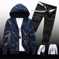 Men's 2017 autumn and winter teenagers' casual coats, denim jeans, a suit of men's clothes Jacket XXL pants 36 Disorderly English blue + double zipper + T-shirt + belt