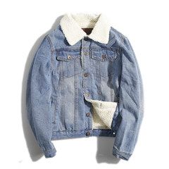 The winter with thick warm tide brand cashmere cotton Japanese retro lamb wool denim jacket jacket male young lovers S (90-110 Jin) Wear white light blue