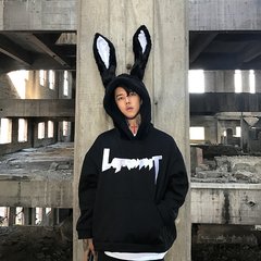 The crane with the original new adult rabbit ears hooded loose couple plus velvet long sleeved sweater Pullover for men and women M black