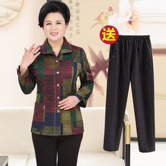 Elderly women's spring middle-aged female shirt sleeved 50-60 year old clothes and mother shirts 3XL [suggestion 125-135 Jin] Stripe Red + pants