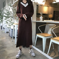 2017 fall fashion simple V collar sweater dress stitching loose thin long paragraph sweater dress F Coffee