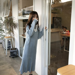 2017 fall fashion simple V collar sweater dress stitching loose thin long paragraph sweater dress F Gray blue